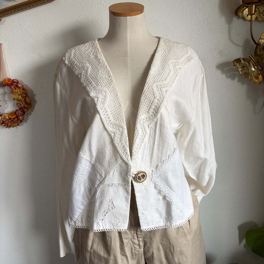 Vintage Melrose Cardigan with Crochet Lace and Embroidery XL